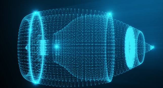 Abstract Jet Engine, Abstract Polygonal Consisting of Blue Dots and Lines. Jet Engine on Blue tint Background. 3D rendering